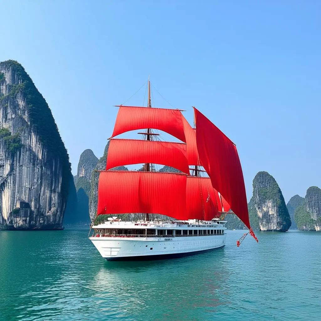 Cruise ship sailing through Ha Long Bay