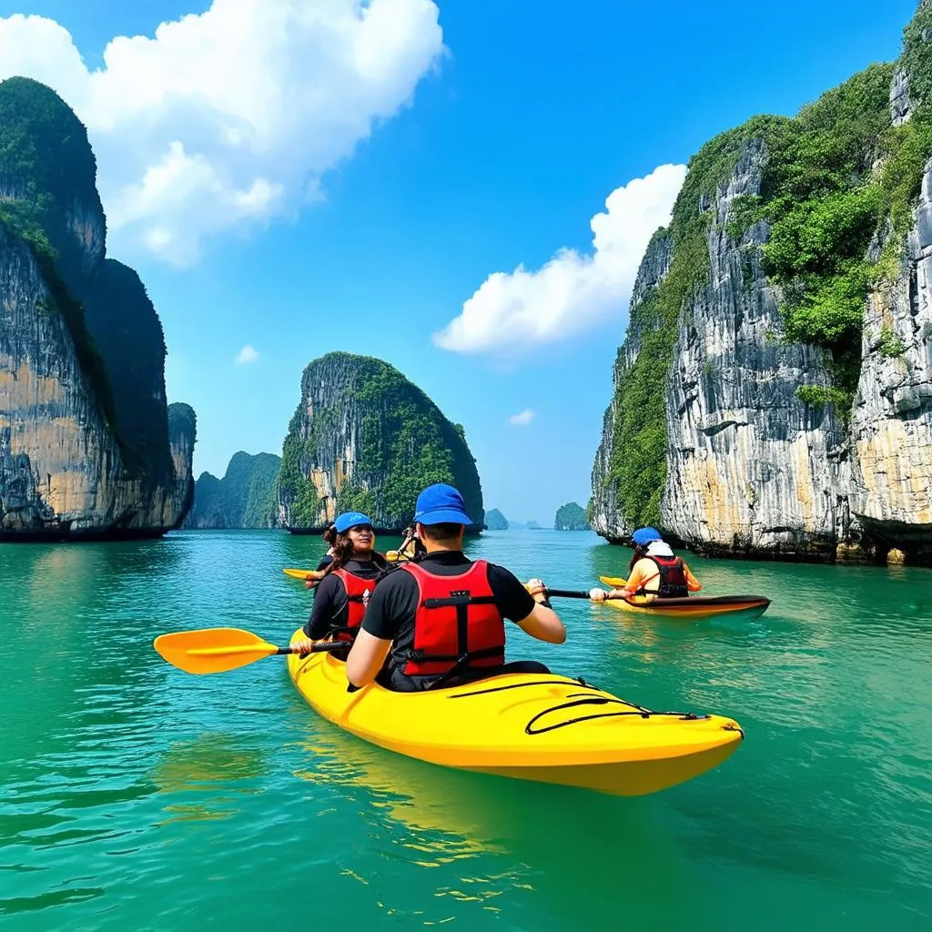 Tourists kayaking in Ha Long Bay