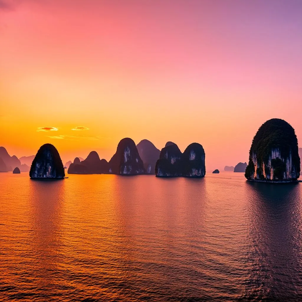 Spectacular sunset over Ha Long Bay