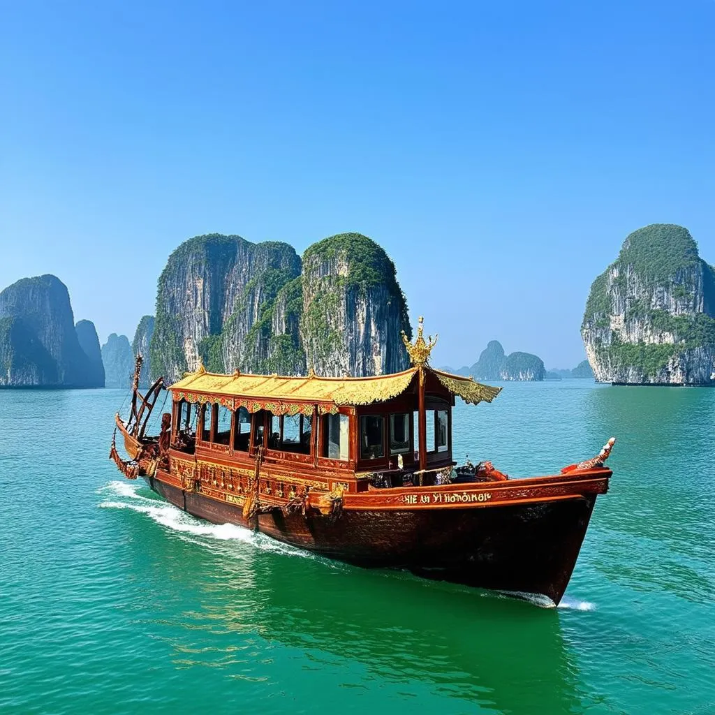 A scenic view of Ha Long Bay with a tour boat