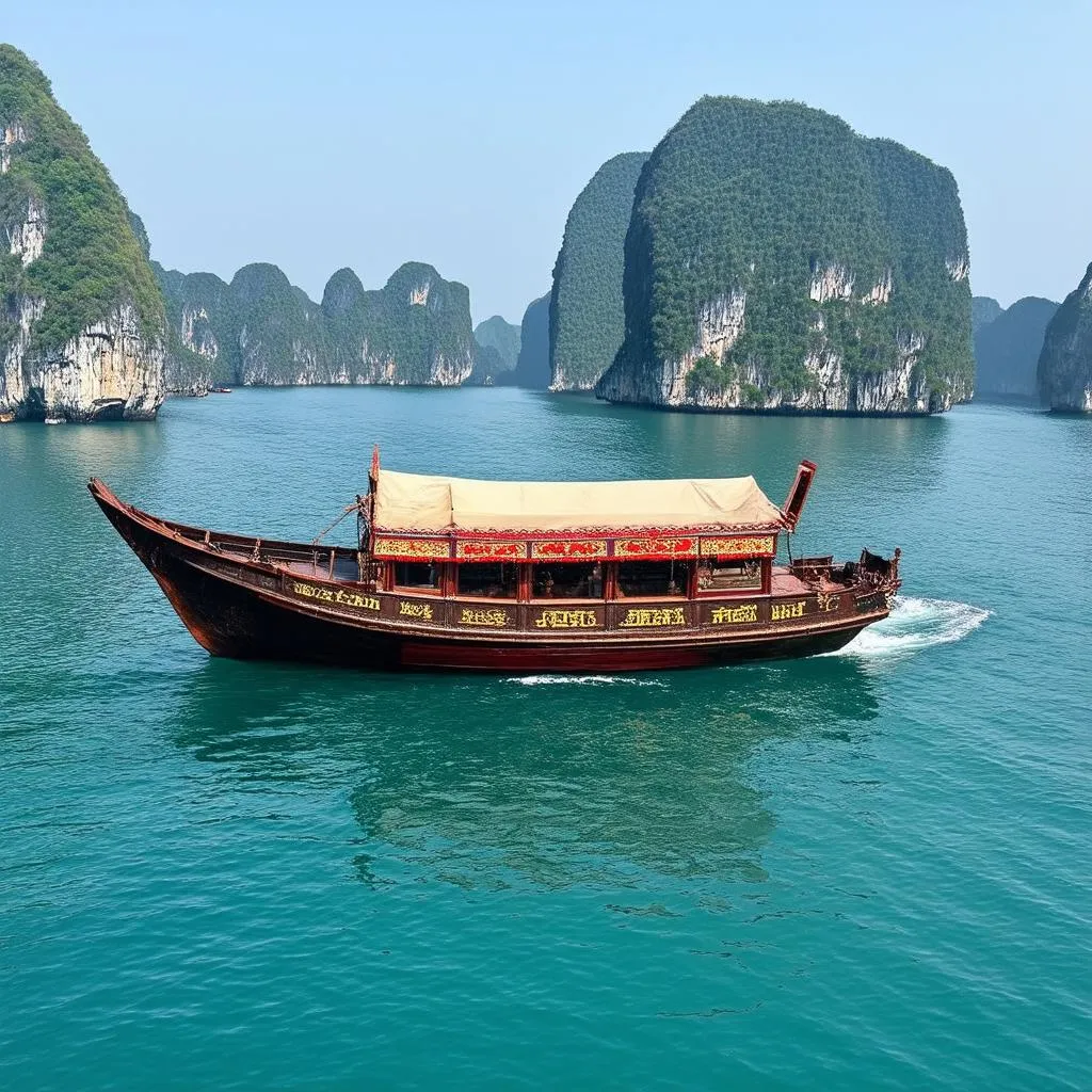 Tourist boat cruising through Halong Bay