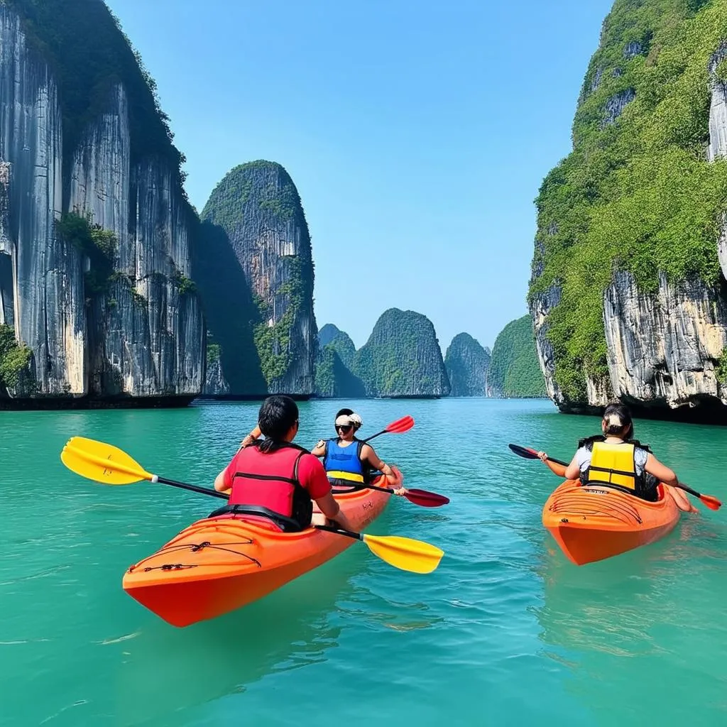 Tourists kayaking in Ha Long Bay