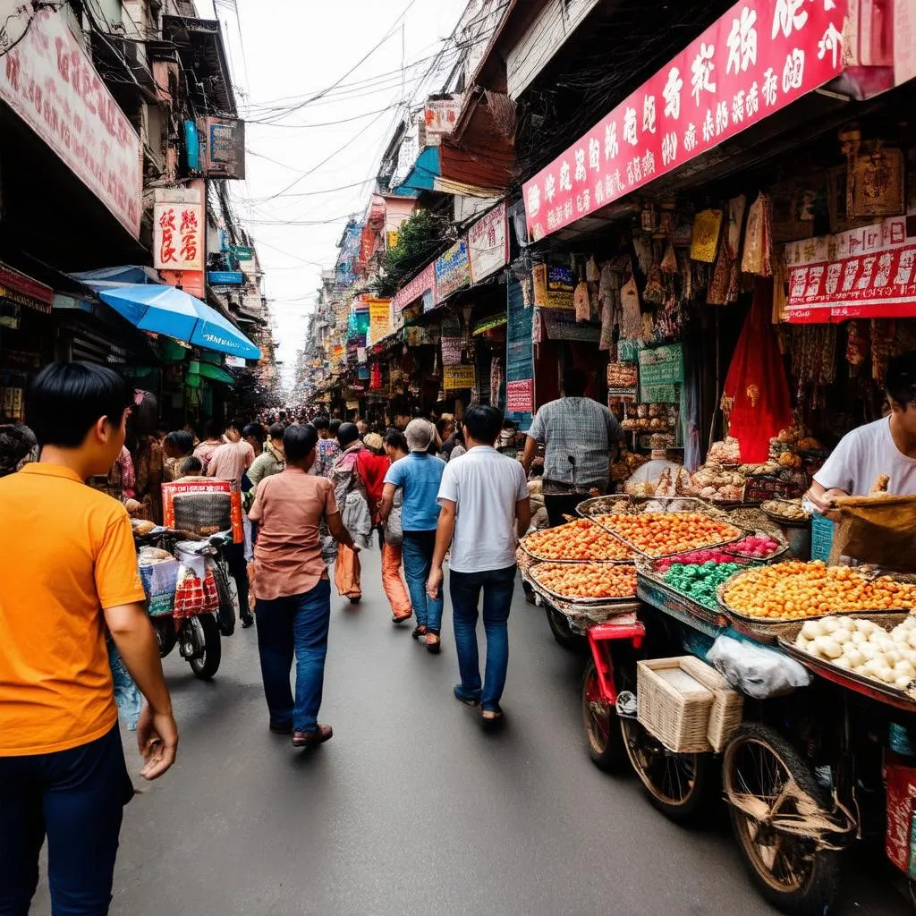 Bustling street scene in Hanoi's Old Quarter