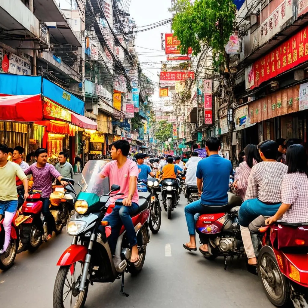 bustling street scene in Hanoi's Old Quarter