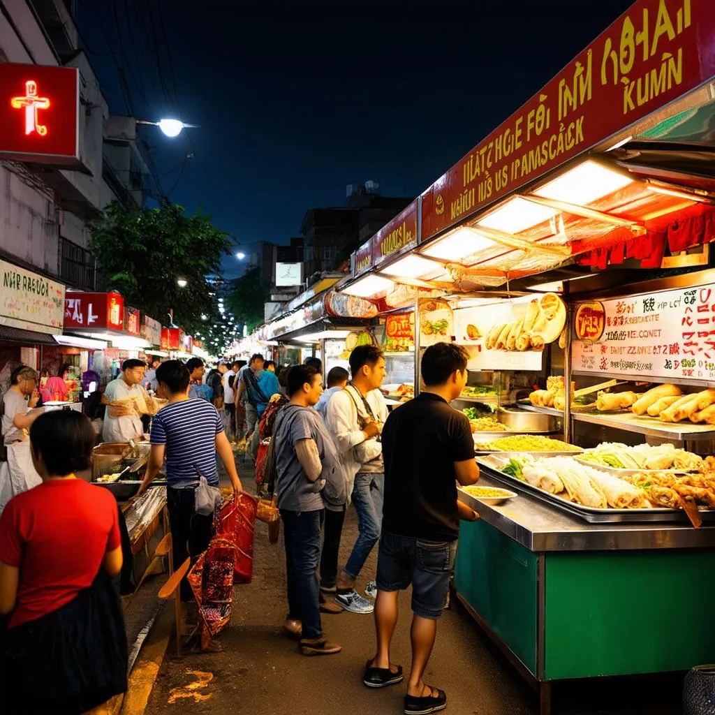 Vibrant street food stalls in Hanoi