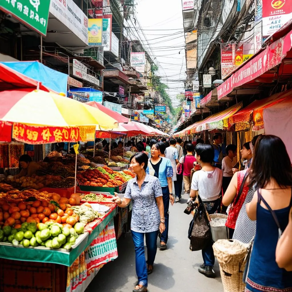 Busy street market in Hanoi