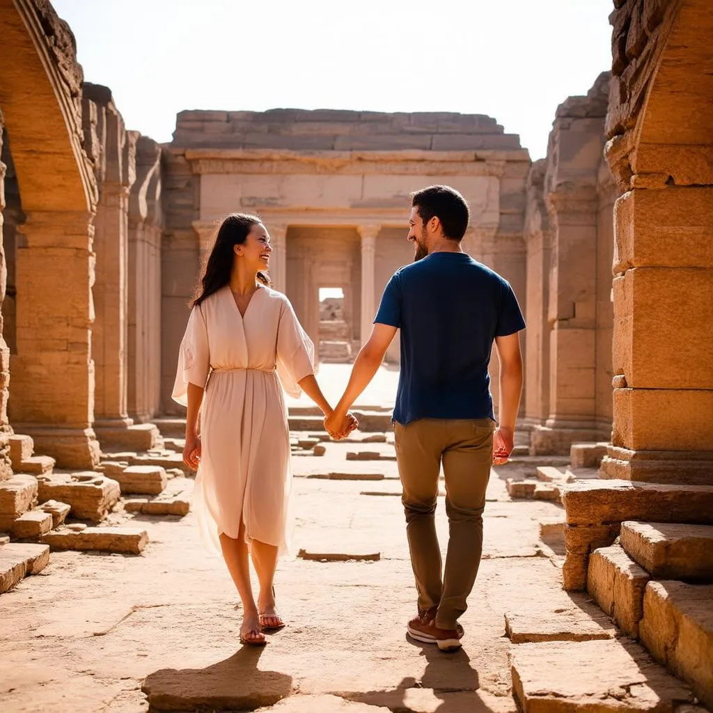 Couple exploring ancient ruins 