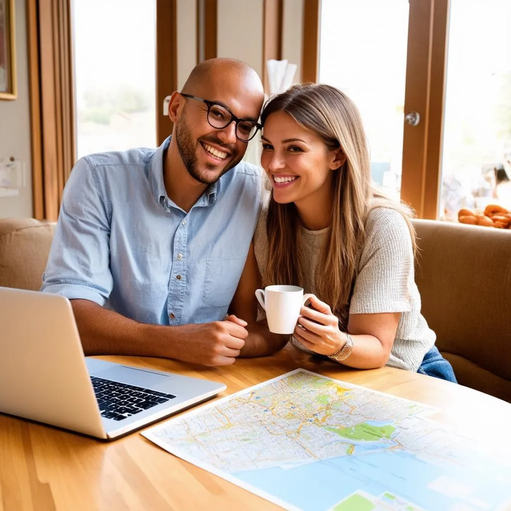 Couple planning trip with laptop and map