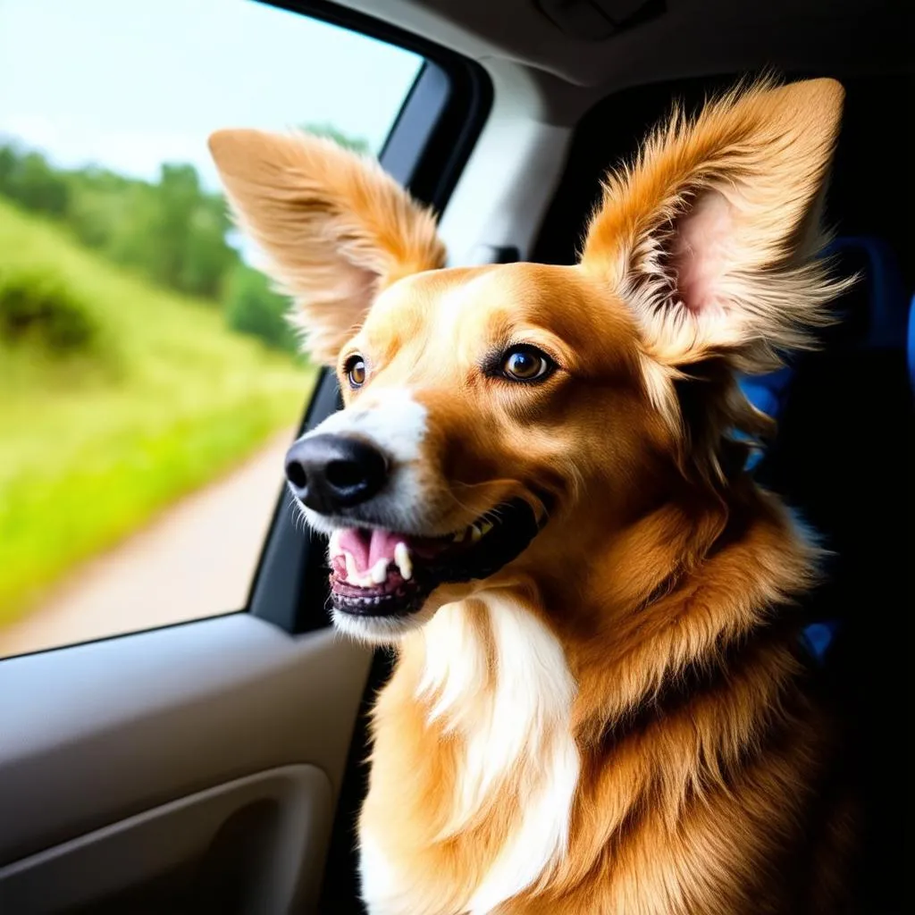 Happy Dog Looking Out Car Window