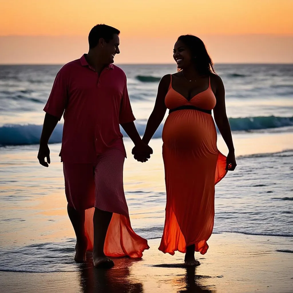 A pregnant woman and her partner walking hand-in-hand on a beach at sunset