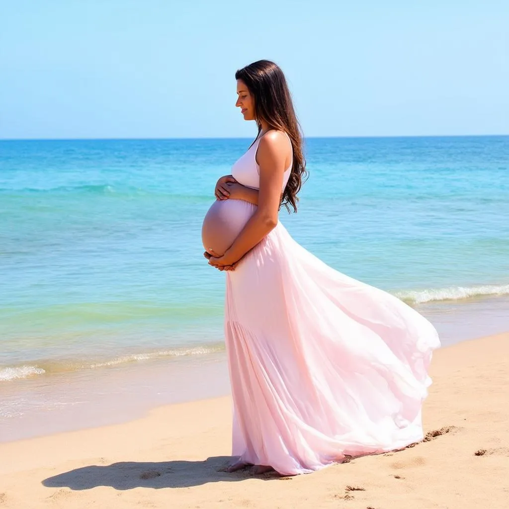 happy pregnant woman at beach