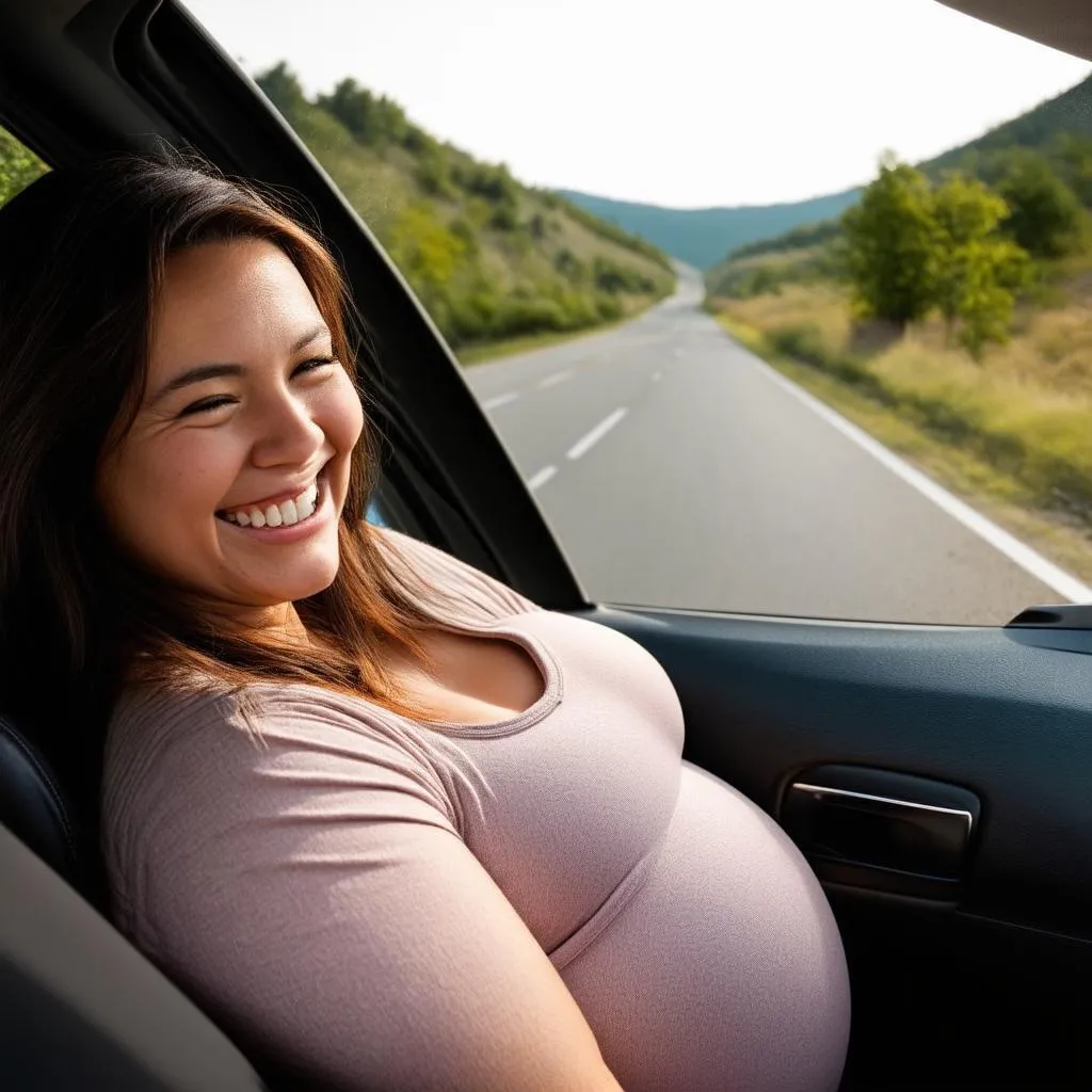 smiling pregnant woman on a road trip, looking out the car window