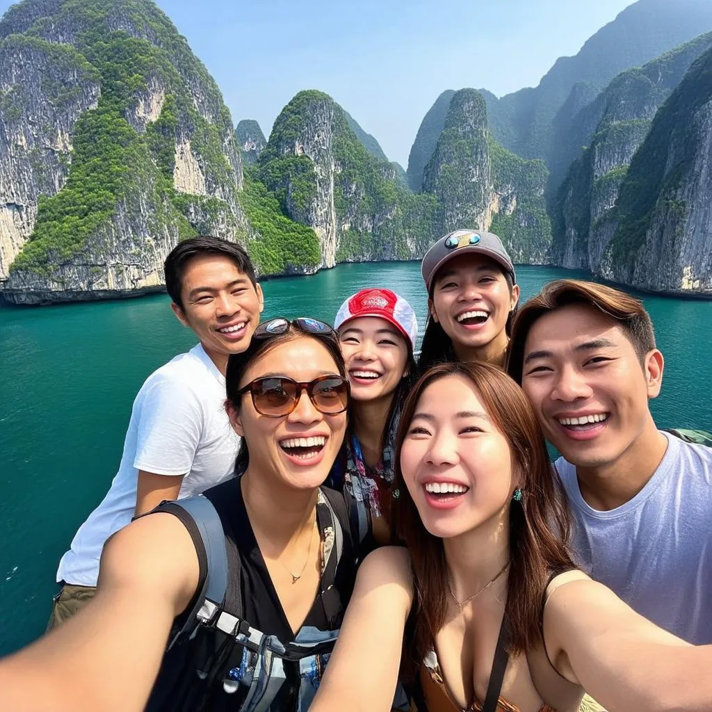 group of friends enjoying their trip in vietnam