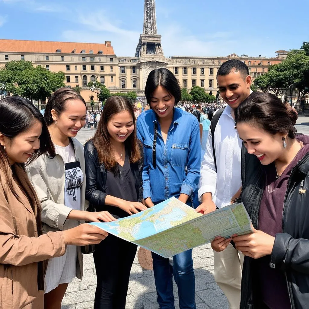 Group of happy tourists with map