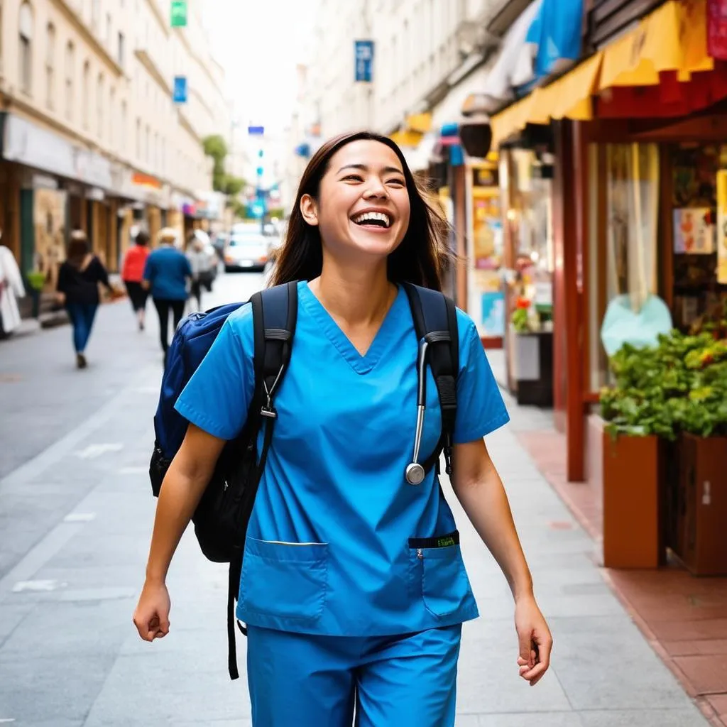 A travel nurse with a backpack exploring a vibrant new city with a smile on her face.