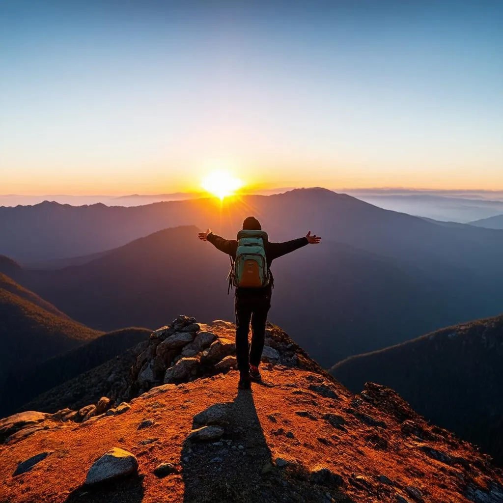 Back view of a person with a backpack standing on a mountain top, looking at the sunrise over a valley