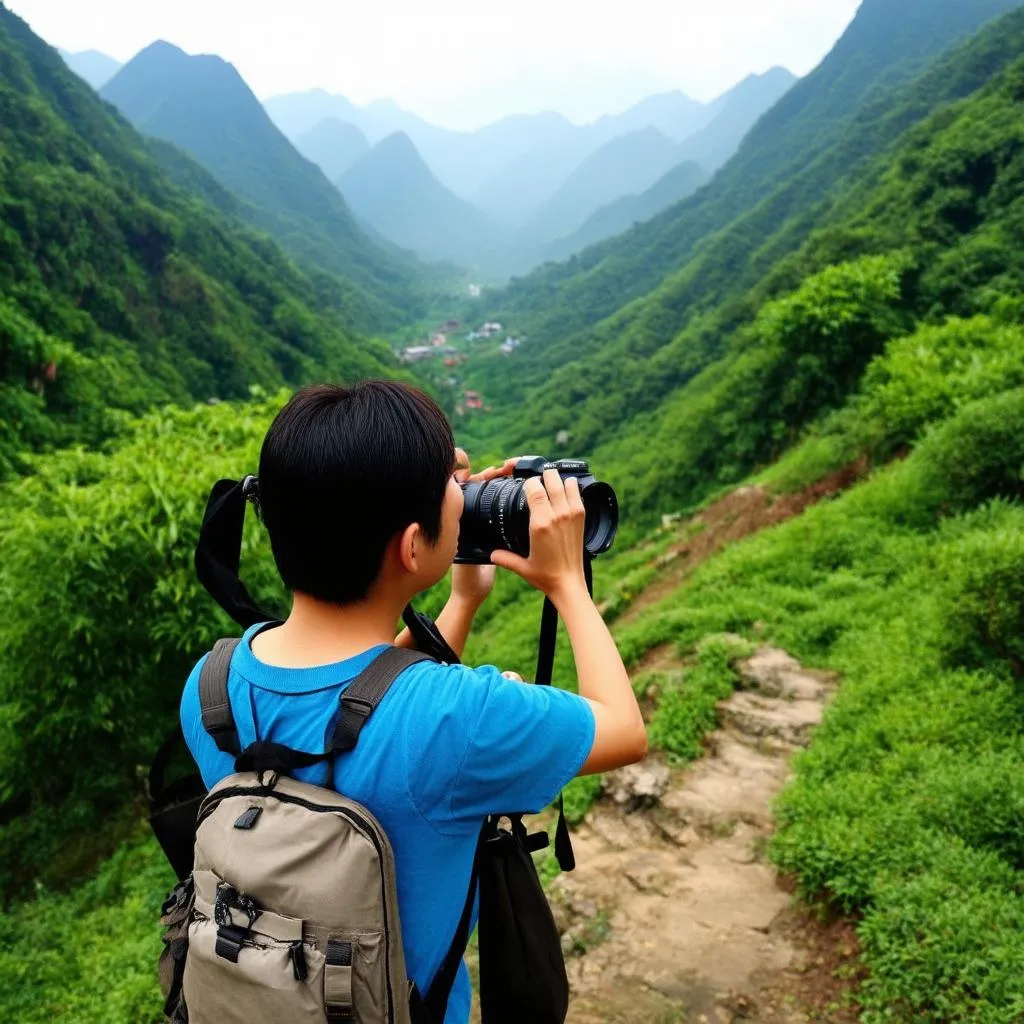 traveler taking photos of landscape in ha giang