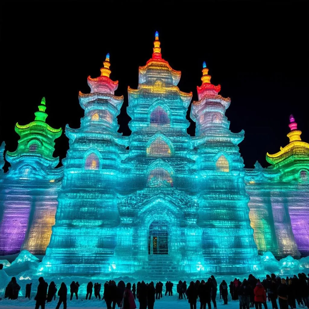 A giant ice sculpture of a castle at the Harbin Ice and Snow Festival