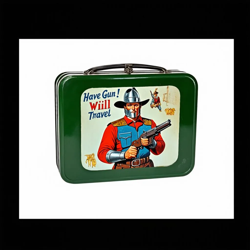 A vintage metal lunchbox featuring the "Have Gun Will Travel" TV show logo and imagery