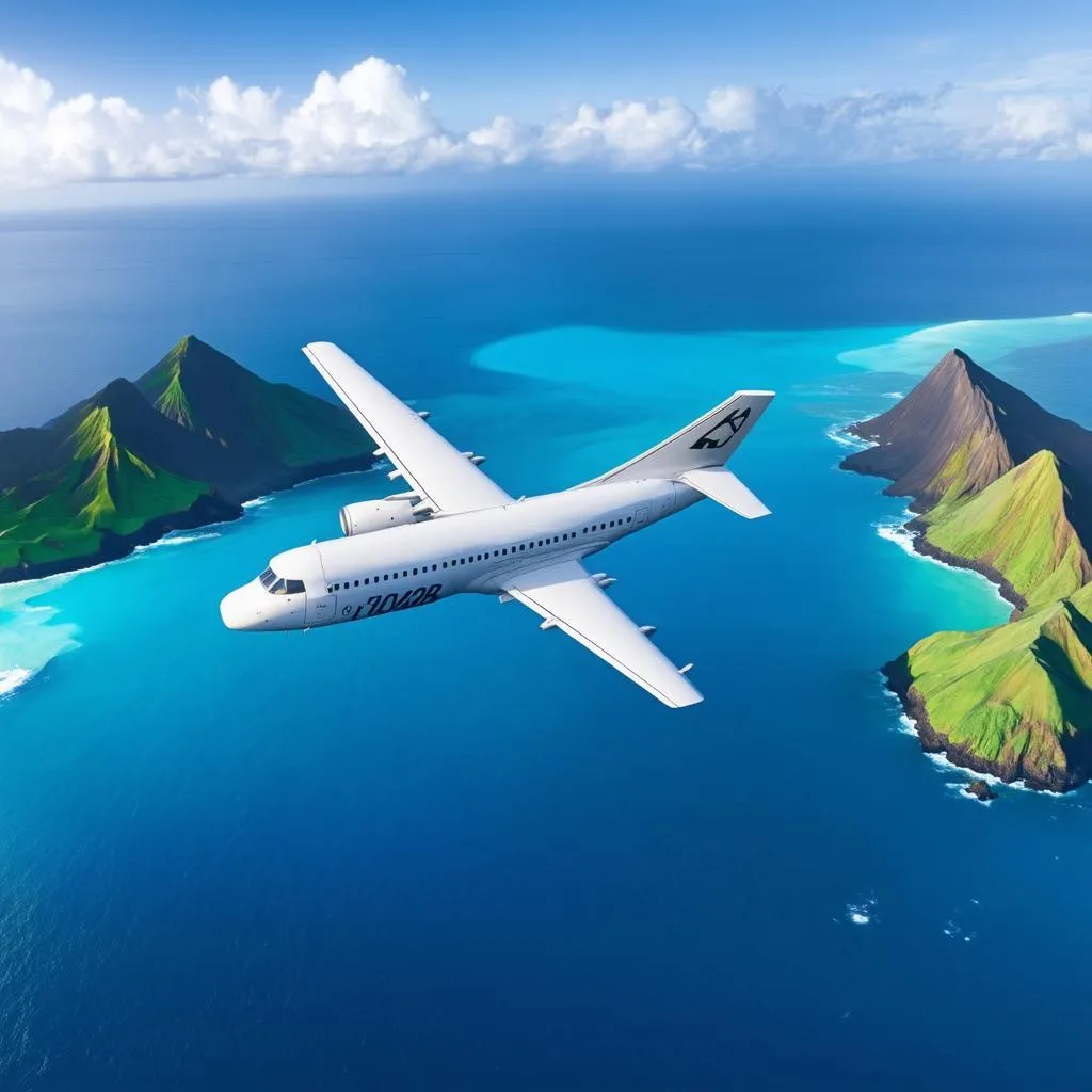 Aerial view of an airplane flying over the Hawaiian islands