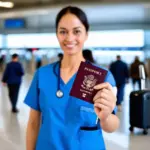 Healthcare worker holding passport