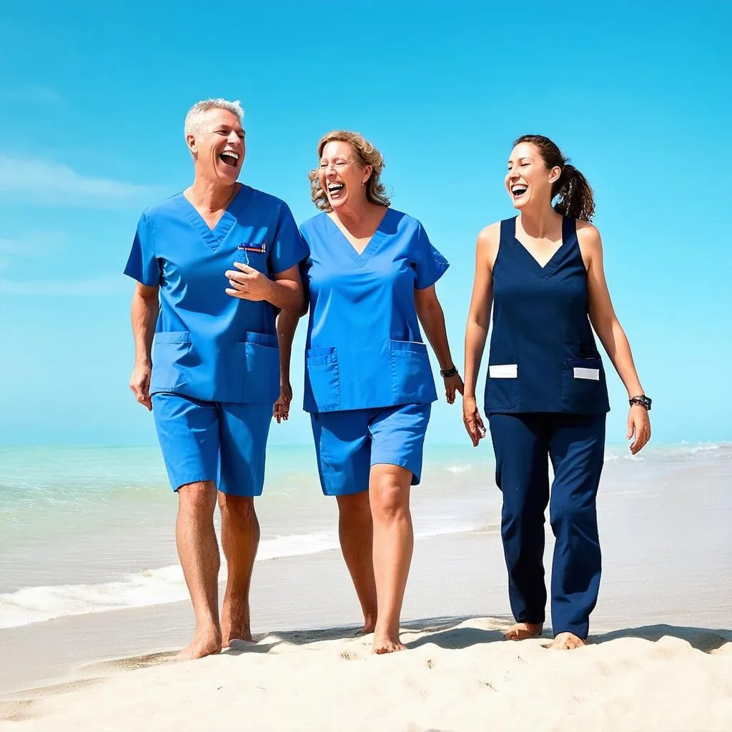 Healthcare workers relaxing on beach