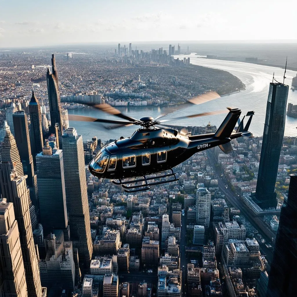 Helicopter Soaring Above City Skyline