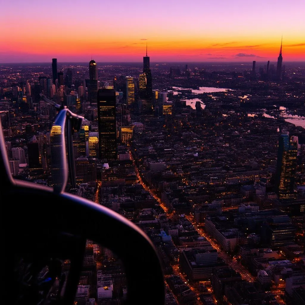 Helicopter Tour Over a City at Sunset