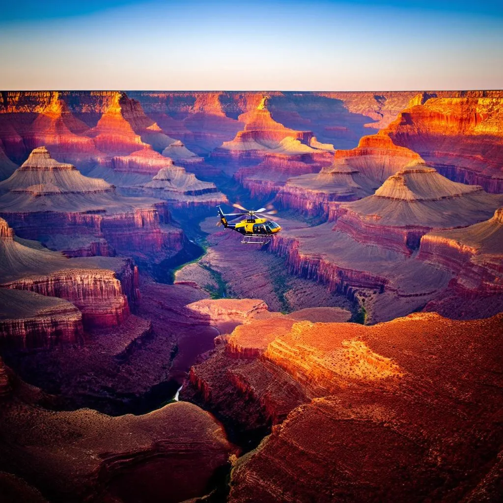 Helicopter Soaring Over the Grand Canyon at Sunset