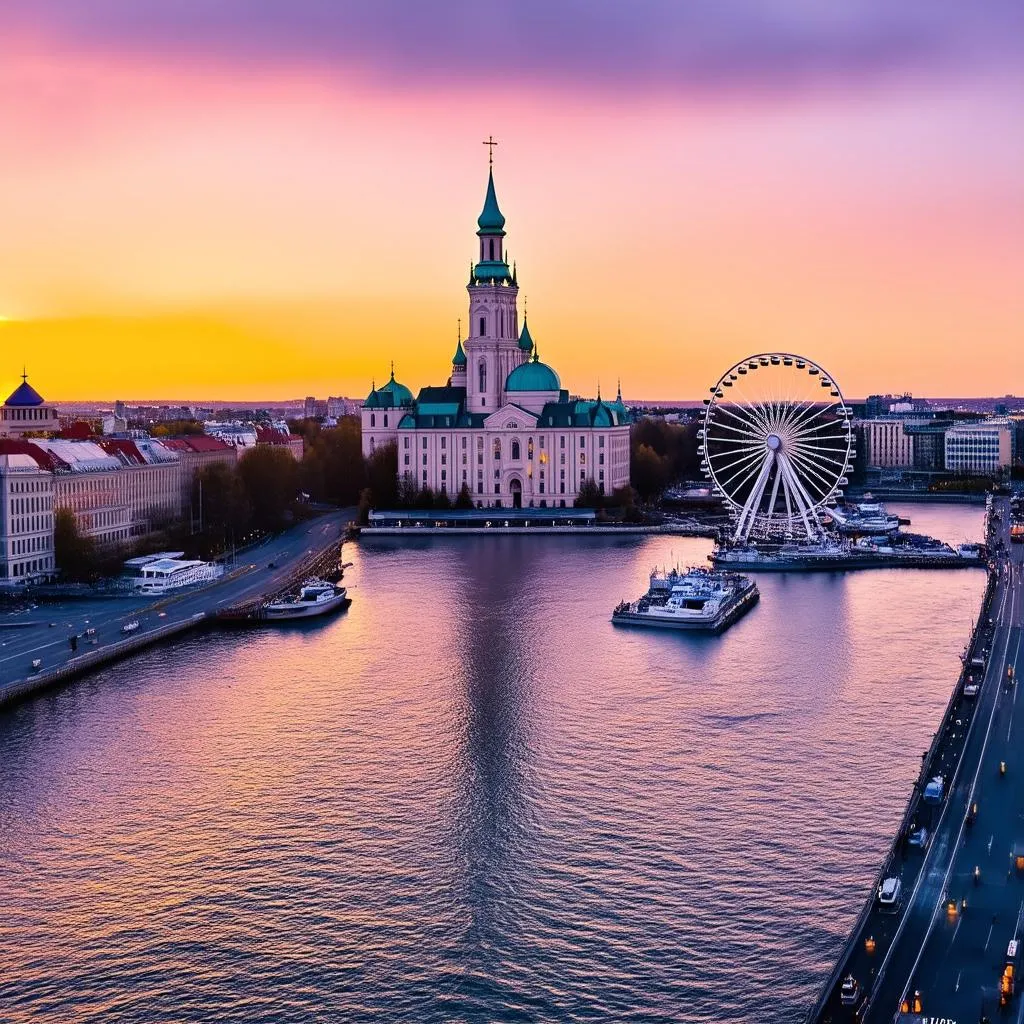 Helsinki harbor at sunset