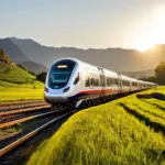 Modern high-speed train speeding through a valley