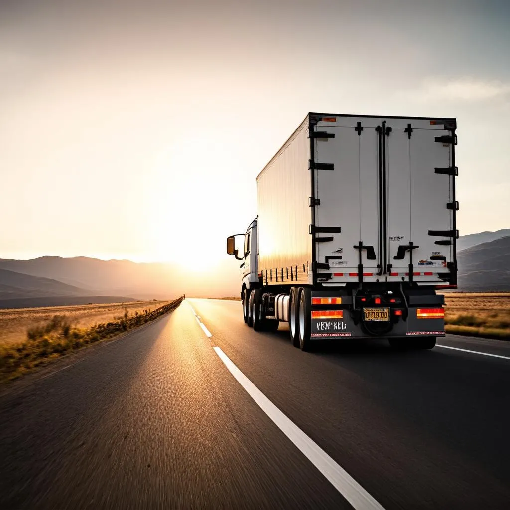 Truck driving into the sunset on a highway