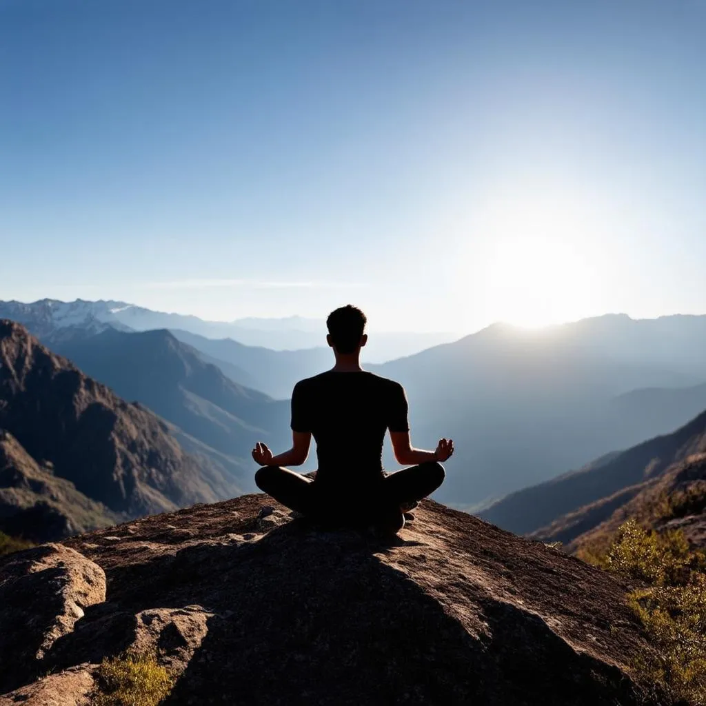 A lone hiker sits meditating on a mountain top, facing the sunrise.