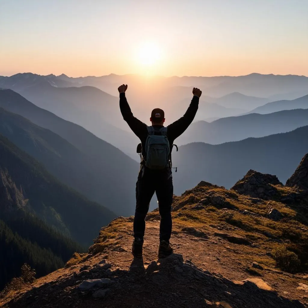 Triumphant hiker on a mountain peak