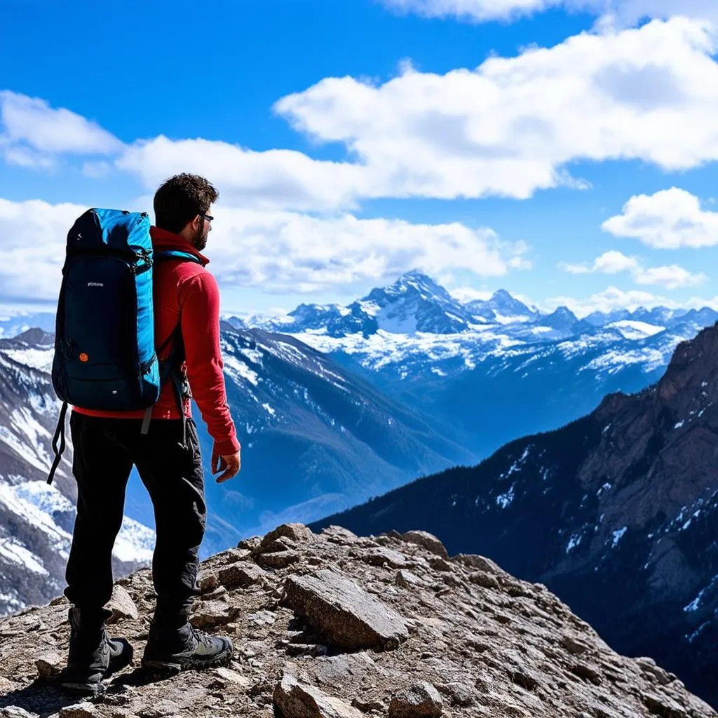 hiker standing triumphantly on a mountain peak