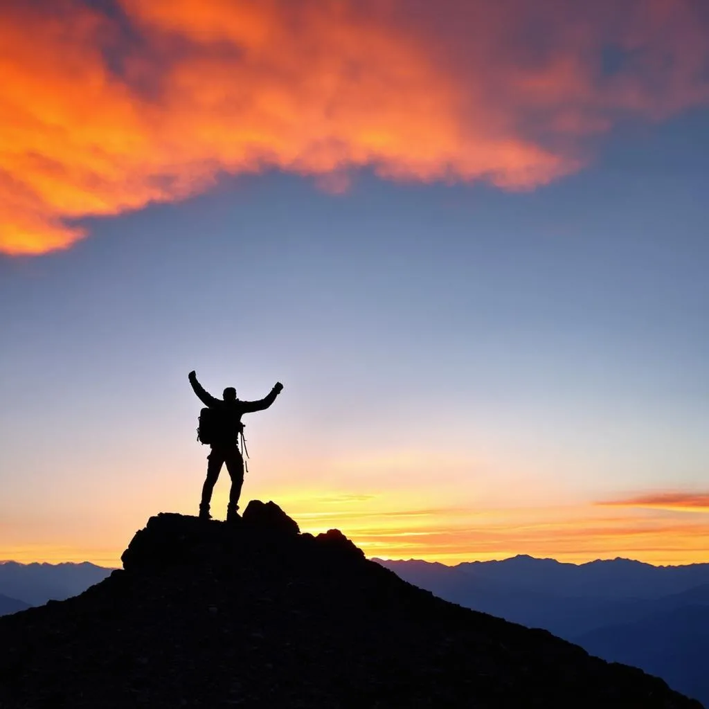 hiker reaching mountain top