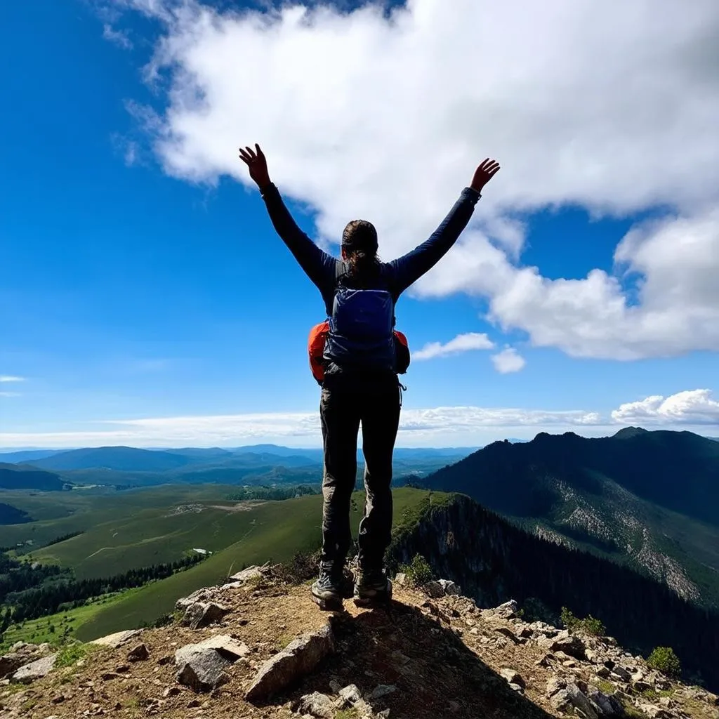 A hiker reaching the top of a mountain with a stunning view