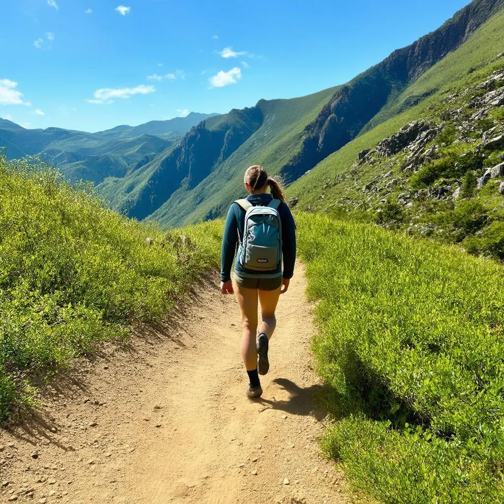 Woman hiking a scenic trail with mountains in the background