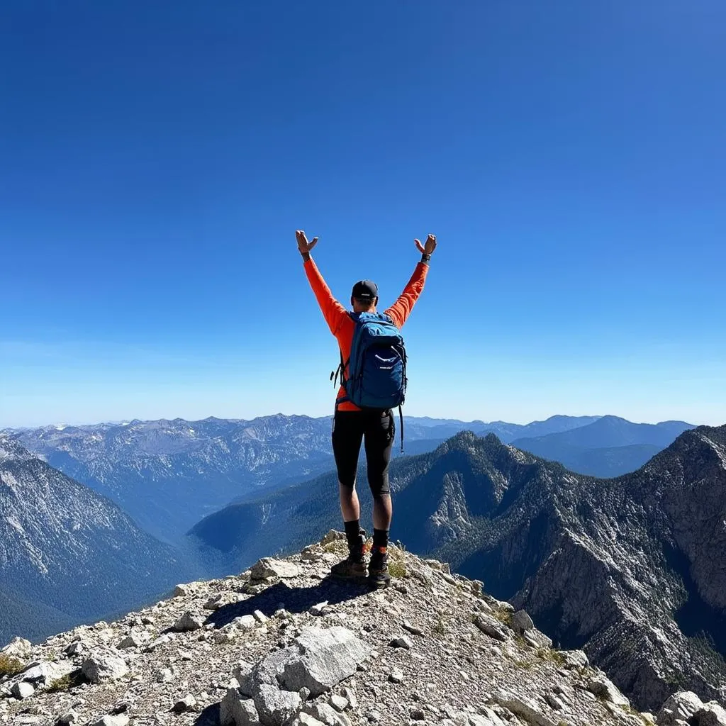 Hiker Reaching Mountain Summit with Backpack