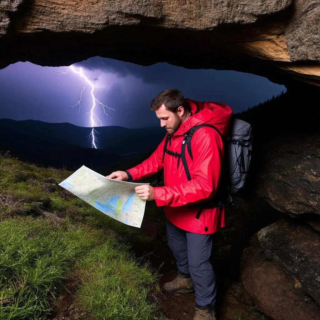 Hiker seeking shelter in a storm