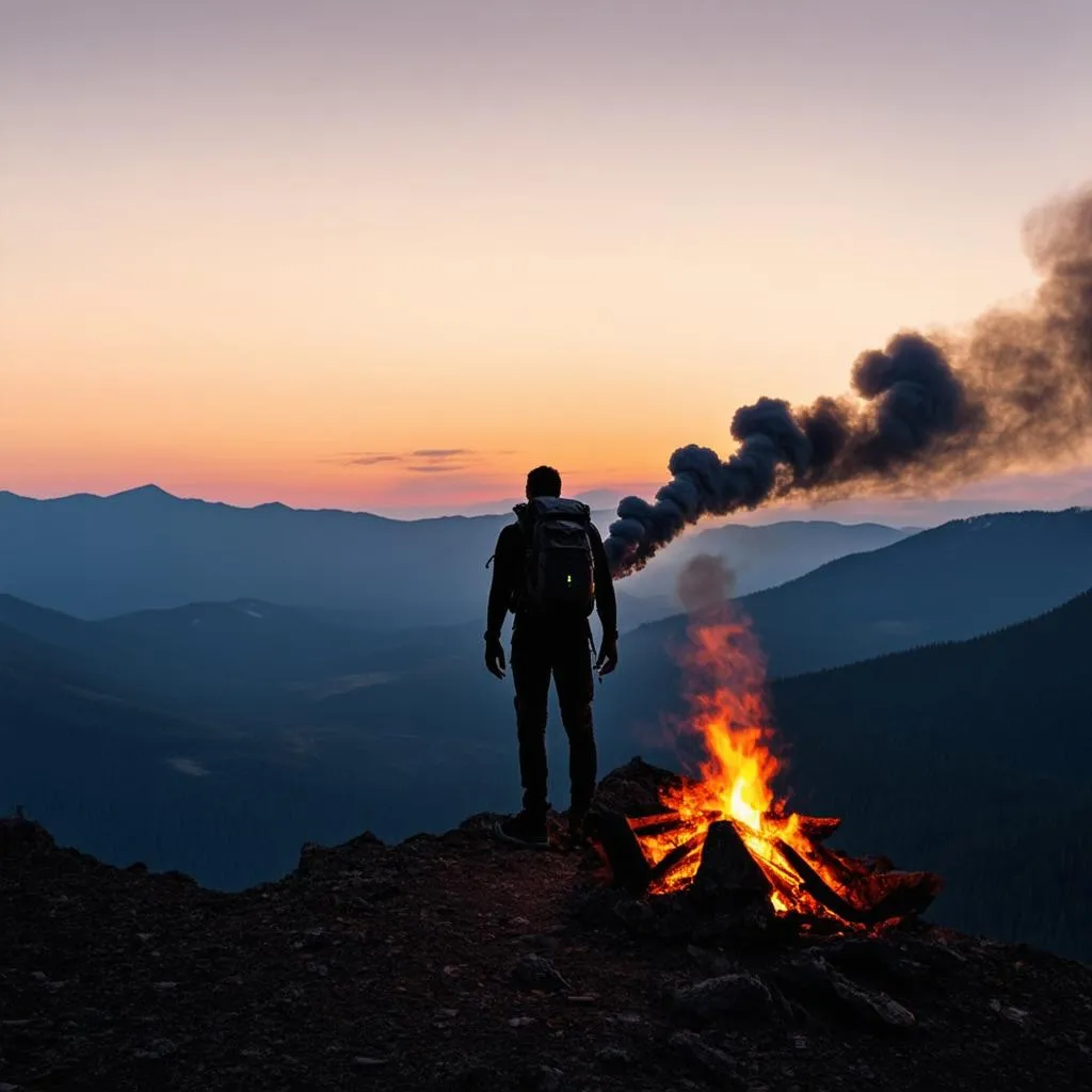 Hiker Watching Sunrise from a Mountain