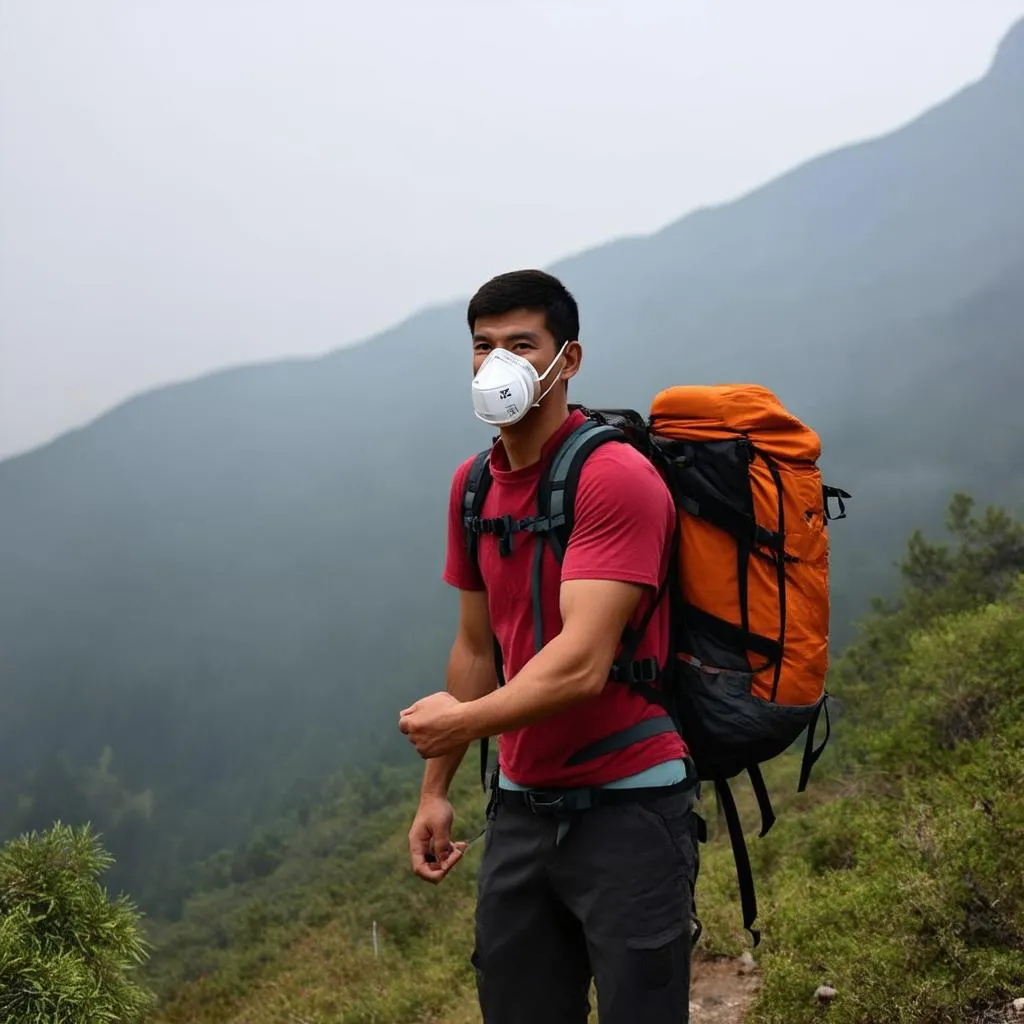 Hiker with mask in smoky mountains