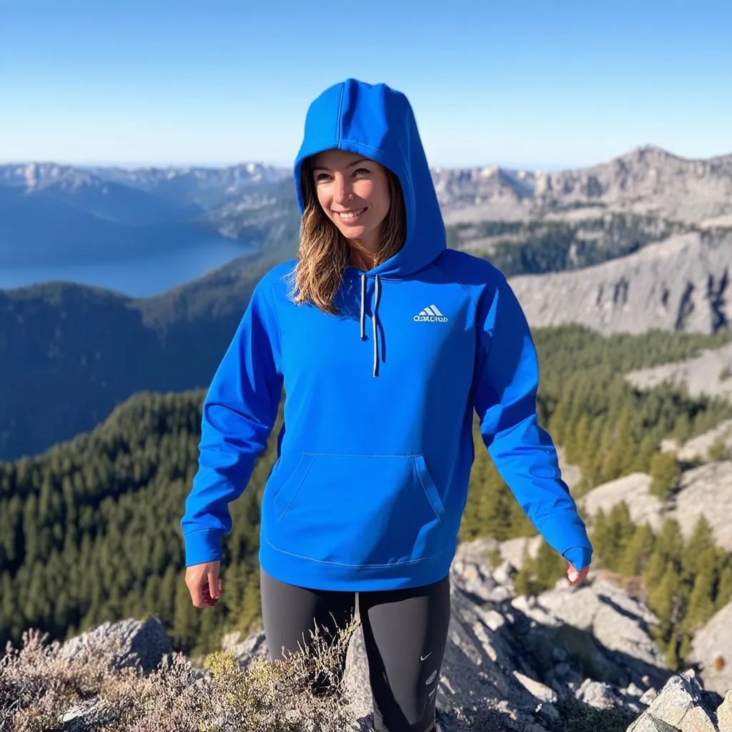 Woman wearing a bright blue hoodie with mountain view