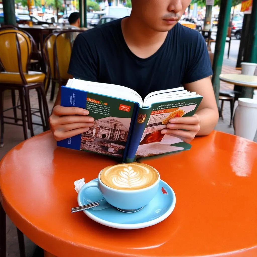 tourist reading travel guide