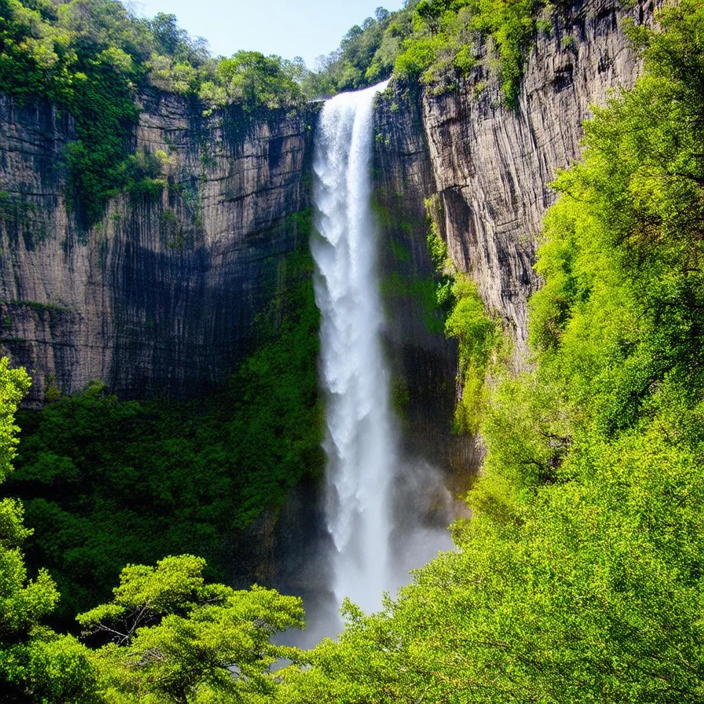 Waterfall cascading down lush greenery