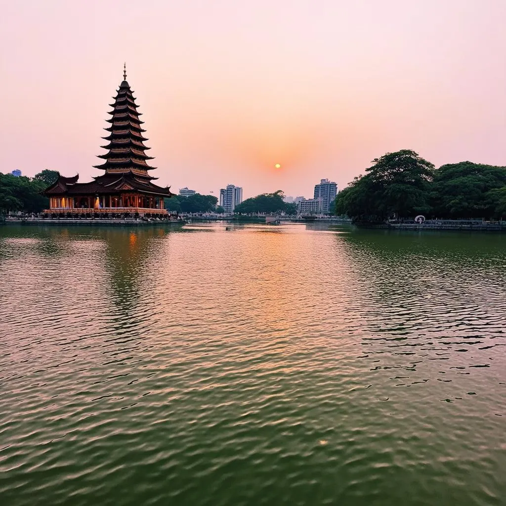 Tranquil scene of Hoan Kiem Lake in Hanoi