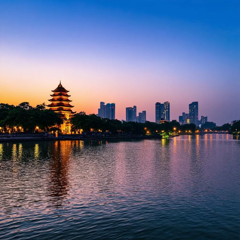 serene view of Hoan Kiem Lake at sunset