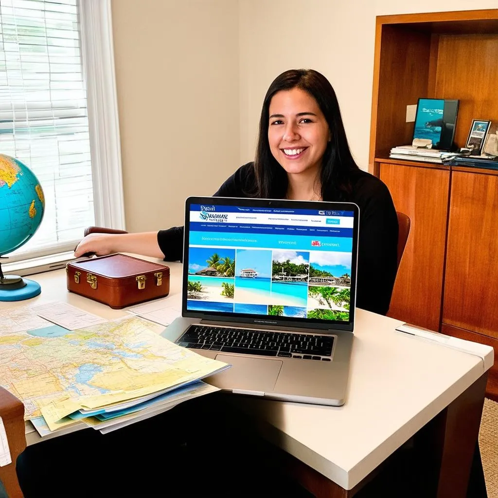 A home-based travel agent diligently working on their laptop, researching destinations and crafting personalized itineraries for their clients.