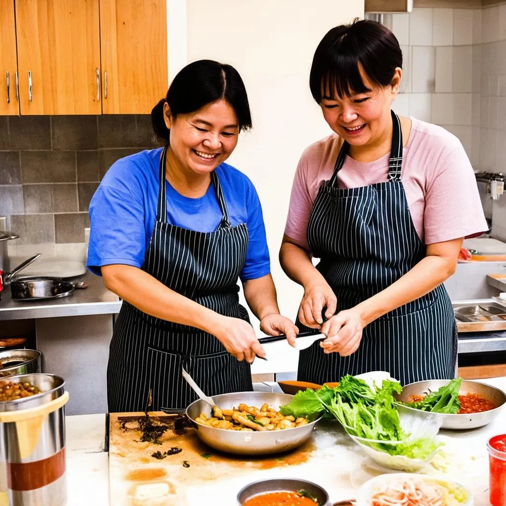 Guests learning to cook Vietnamese food