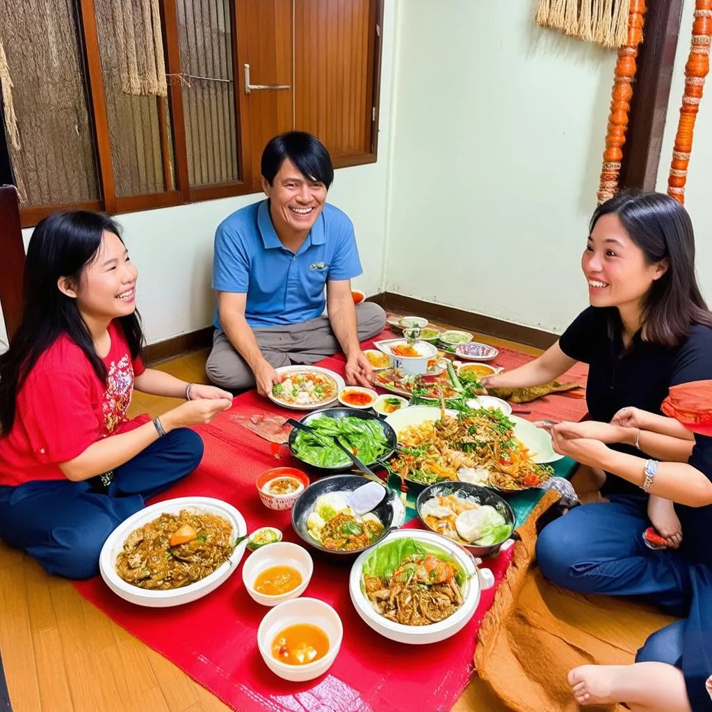 Vietnamese family enjoying a meal with guests